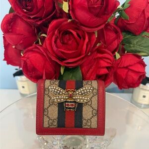 Gucci Red and Tan Bee Motif Wallet